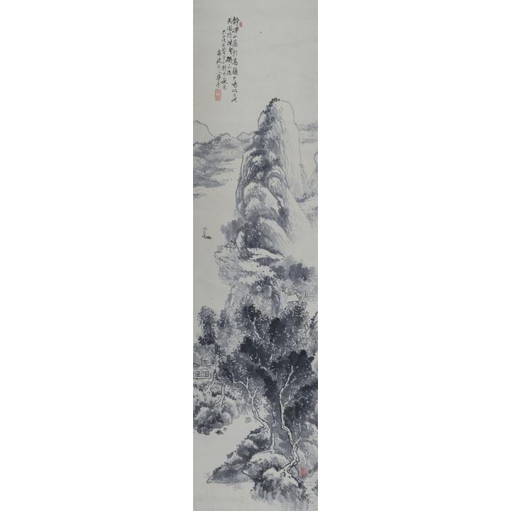 Old Japanese Mountainous Landscape Scroll Painting 53''x13'' Image