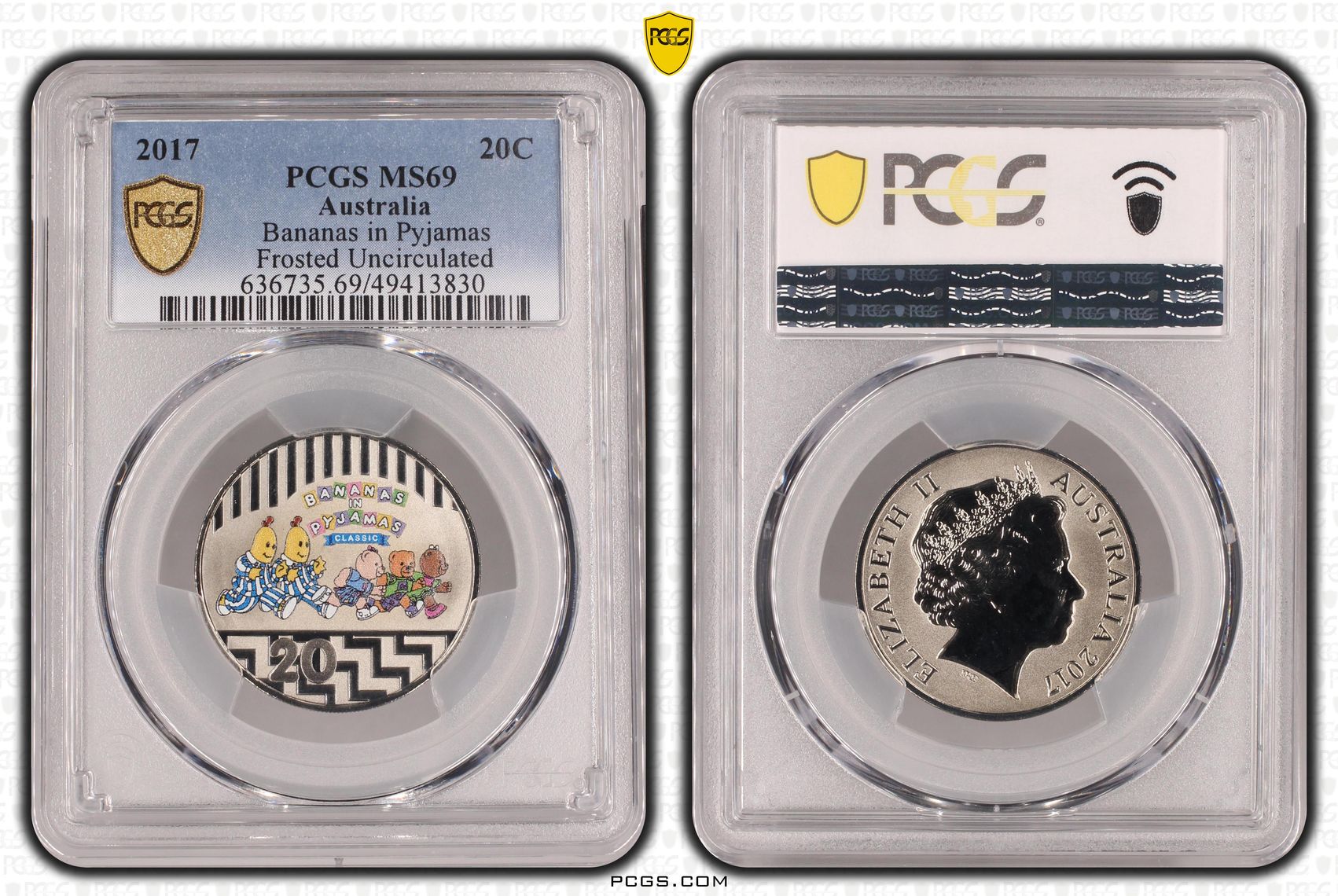Elizabeth II, Bananas in Pyjamas Frosted Uncirculated , Twenty Cent, 2017, PCGS MS69