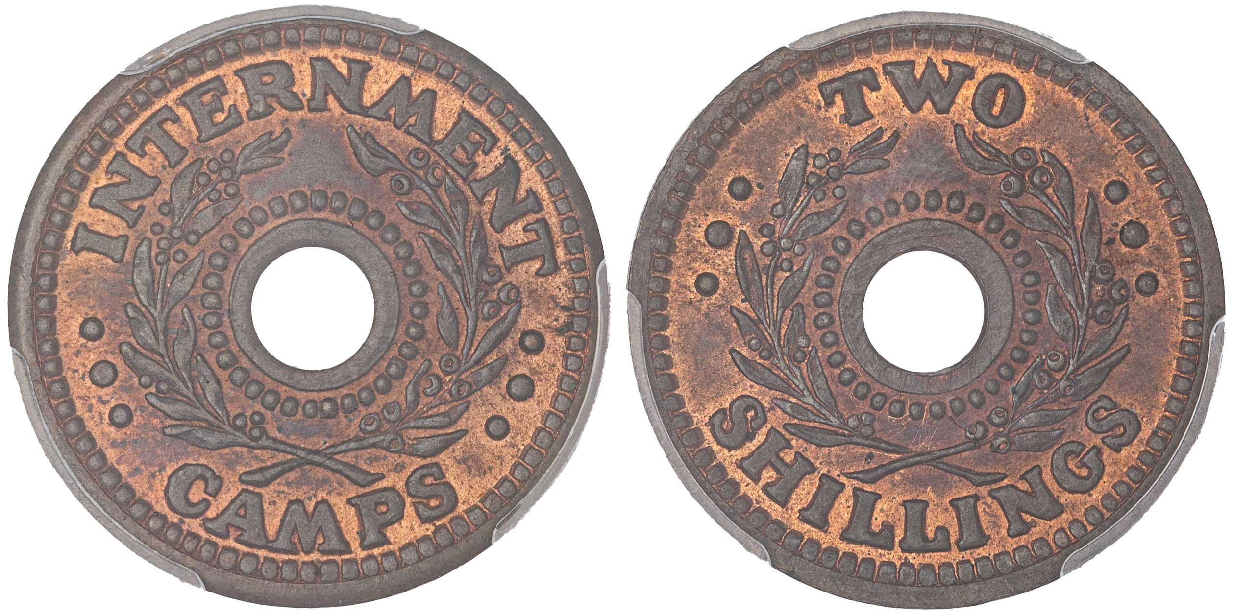 Hay Internment Camp, Two Shillings, WWII, PCGS MS65RB