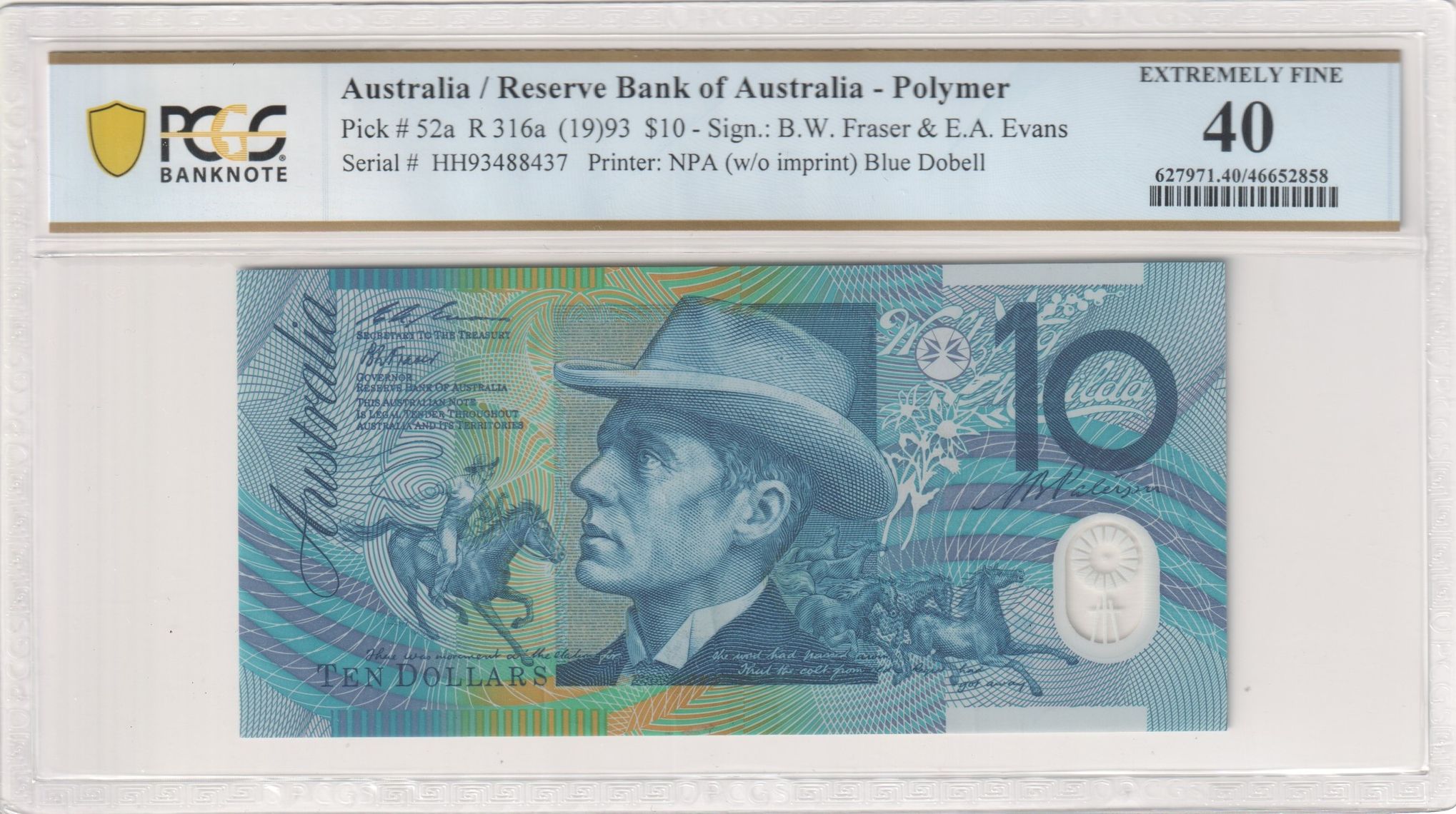 Fraser/Evans, Blue Dobell, Ten Dollar, 1993, PCGS Extremely Fine 40