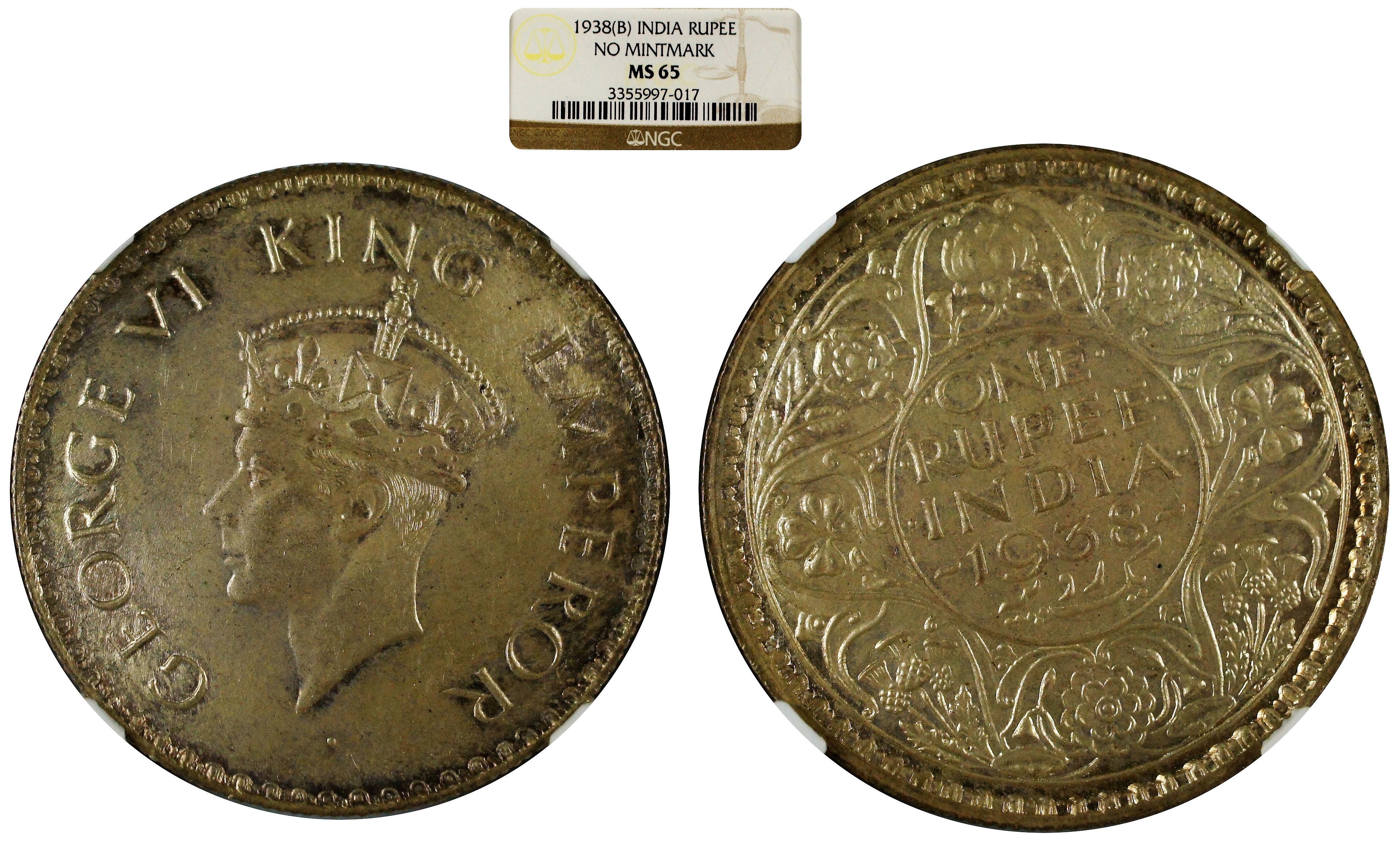 India British 1938 B No Mintmark Rupee NGC MS65 - Rare grade for the type