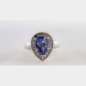 18CT WHITE GOLD RING WITH 1.043CT PEAR SHAPED TANZANITE & .220CT DIAMOND - SIZE IJ - 51633/332