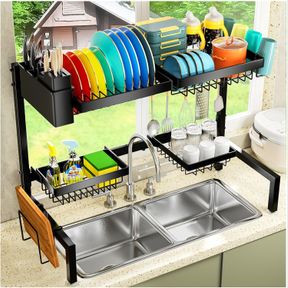 YKLSLH 2 TIERS OF RETRACTABLE LARGE OVER THE SINK DISH DRYING RACK WITH 4 BASKETS, IRON, ADJUSTABLE LARGE CAPACITY SINK RACK, DISH