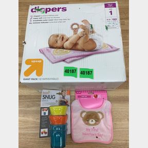 UP & UP DIAPERS 192 PACK SZ 1, BOON SNUG SNACK 3 PACK & BABY BIB