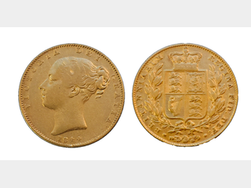 1844 Queen Victoria Young Head London Mint Shield Gold Sovereign.
