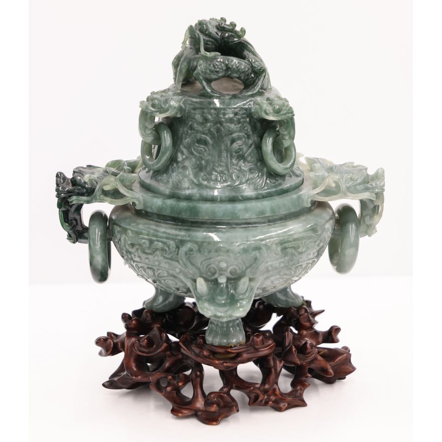 Chinese Jade Archaic Dragon Censor on Stand