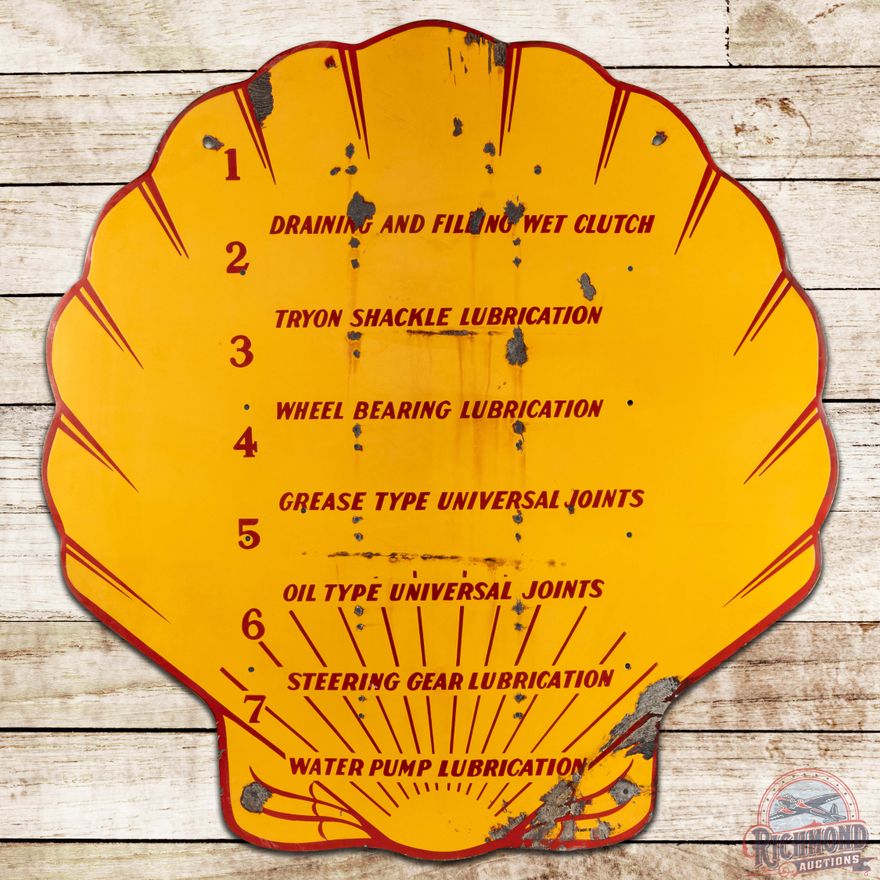 Shell Oil Company Die Cut Grease Gun SS Porcelain Clam Shell Sign