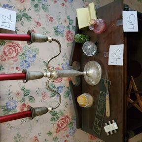 Alabaster egg, candleabra,misc decorative items