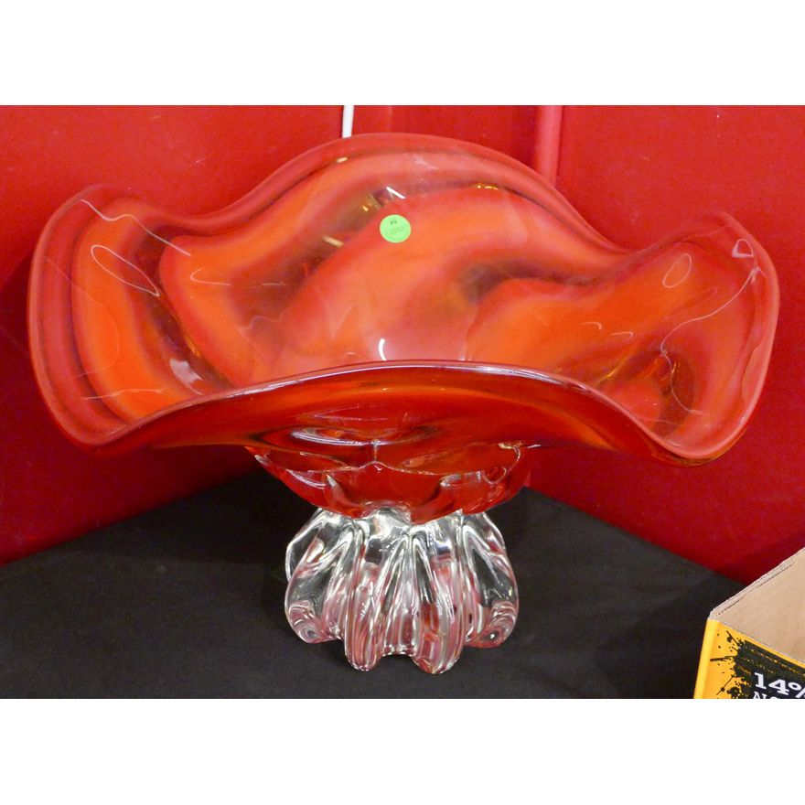 Modern Art Glass Red Pedestal Centerbowl 9''x15''