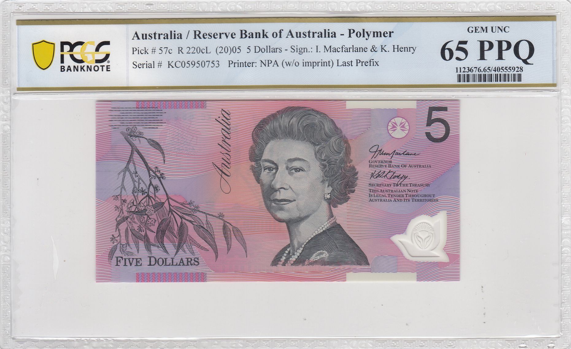 Macfarlane/ Henry, Last Prefix, Five Dollar, 2005, PCGS Gem UNC 65 PPQ