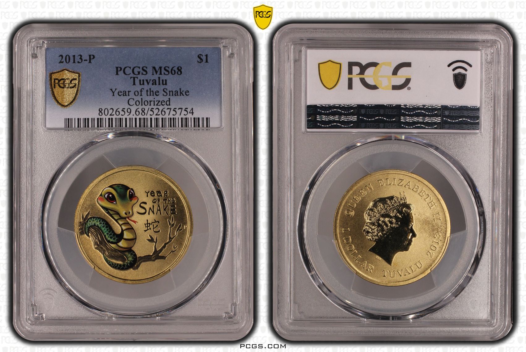 276 · Tuvalu, Year of the Snake Colorized, One Dollar, 2013-P, PCGS MS68