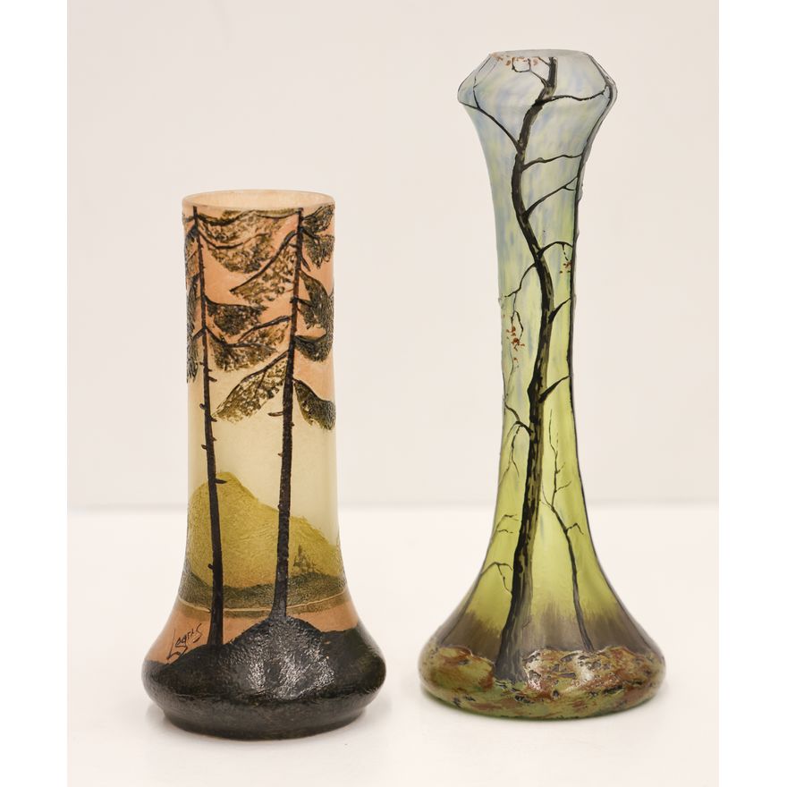 2pc Legras Forest Landscape Cameo Glass Vases
