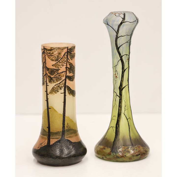2pc Legras Forest Landscape Cameo Glass Vases
