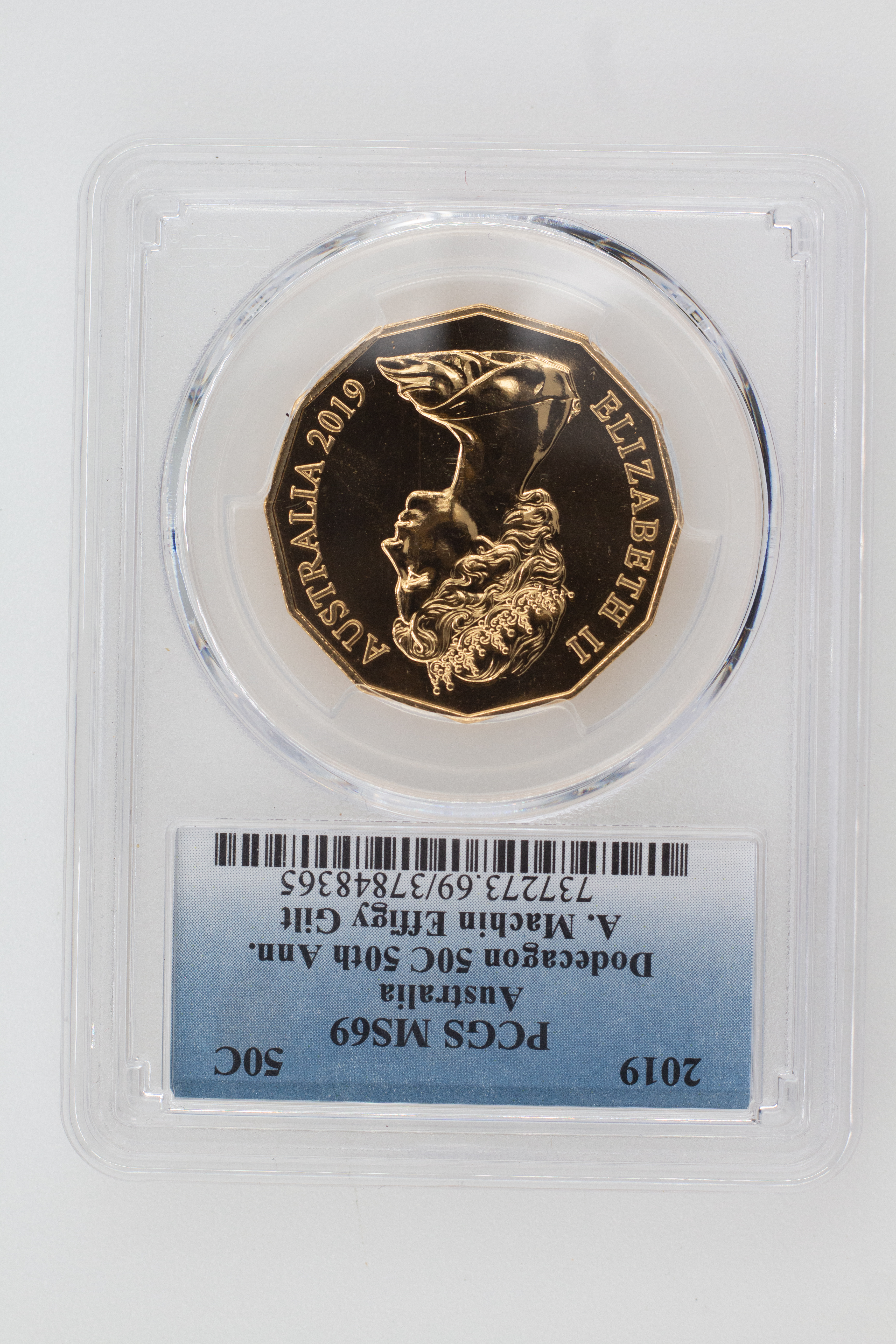 2019 Australia Fifty Cent, 50c Dodecagon 50C 50th Ann. A. Machin Effigy Gilt PCGS - MS69 -365