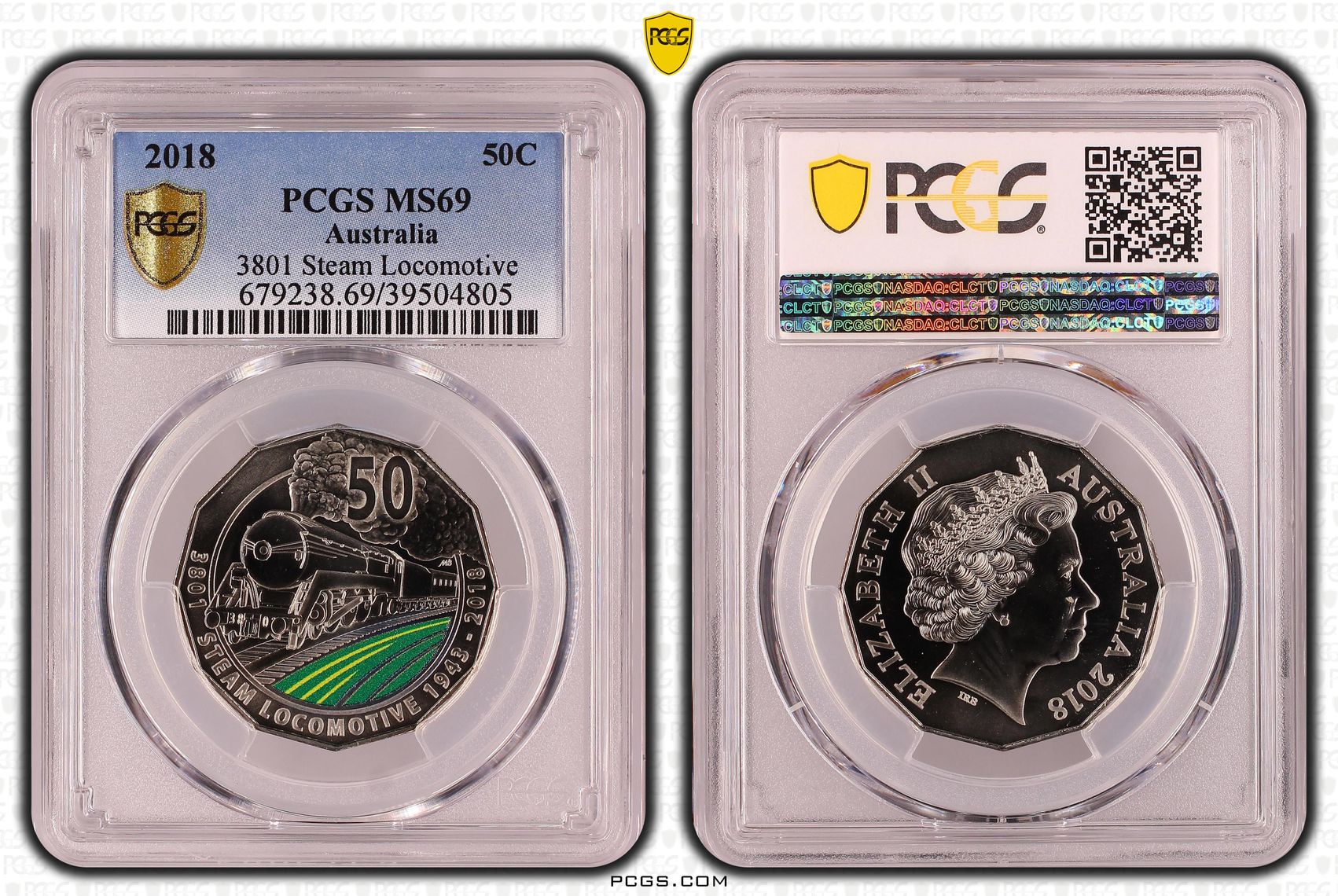 3801 Steam Locomotive Colorized, Fifty Cent, 2018, PCGS MS69