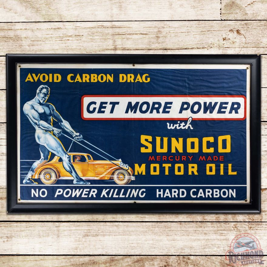 Sunoco Mercury Made Motor Oil "Get More Power" Framed Cloth Banner Sign w/ Early Automobile