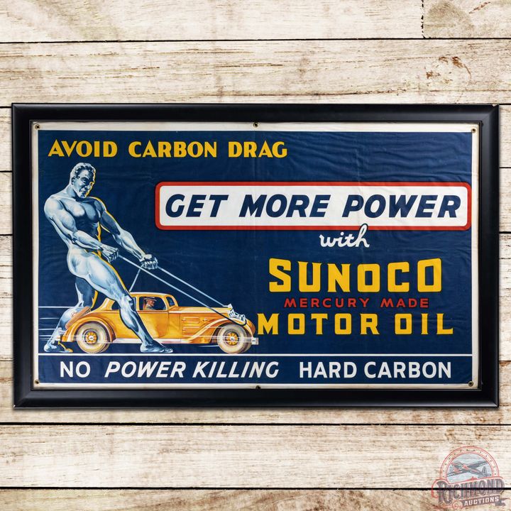 Sunoco Mercury Made Motor Oil "Get More Power" Framed Cloth Banner Sign w/ Early Automobile