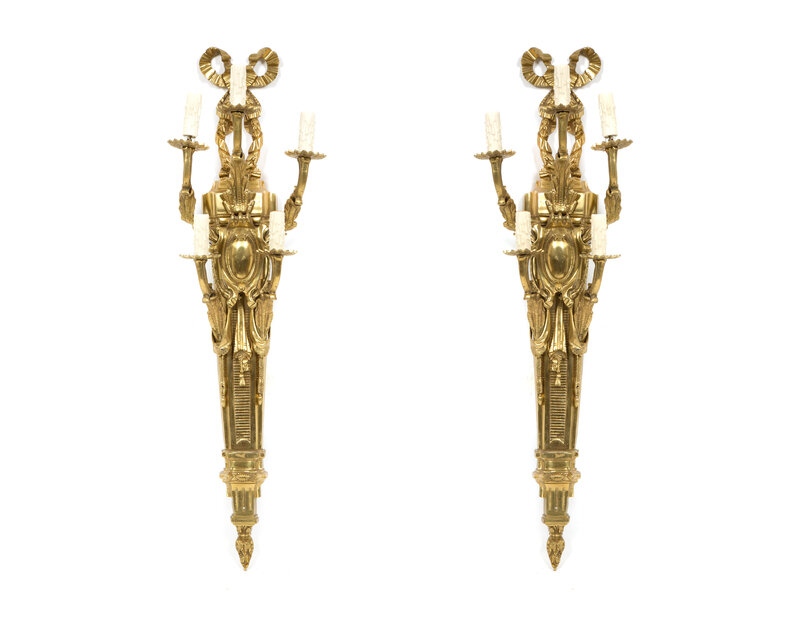 A Pair of Louis XVI Style Gilt Bronze Five-Light Sconces