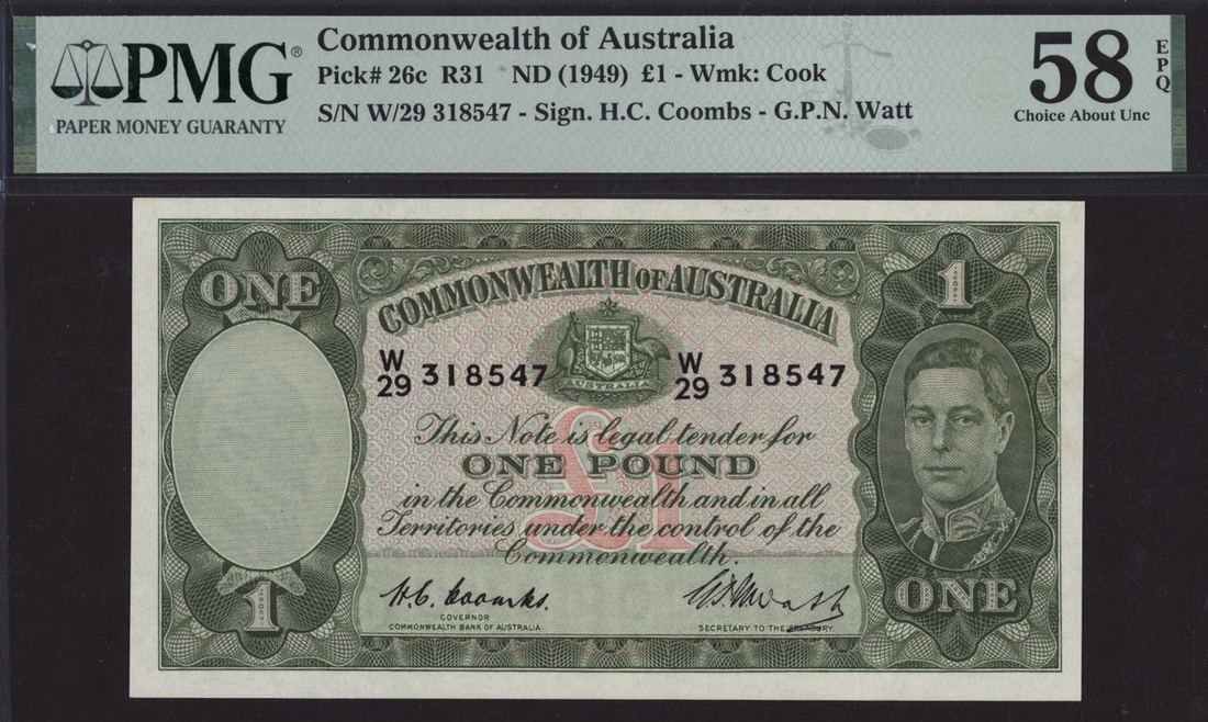 Commonwealth of Australia, £5, ND (1949), serial number W/29 318547 ...