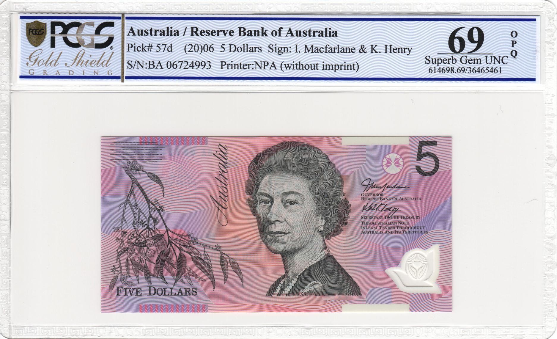 137 · RBA, Polymer, NPA (w/o imprint), Sign: I. Macfarlane & K. Henry, Five Dollar, 2006, PCGS - Superb Gem UNC 69 PPQ
