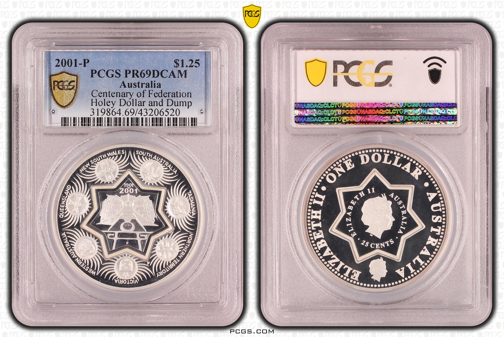 2001-P Australia One Dollar, $1 Silver Proof Centenary of Federation - Holey Dollar and Dump PCGS - PR69DCAM POP 2/0 -520
