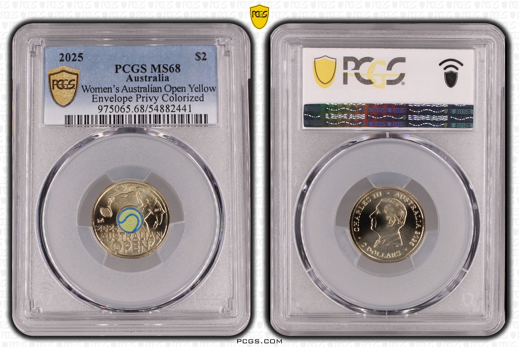 Women's Aus Open Yellow Envelope Privy Colourised, Two Dollar, 2025, PCGS MS68
