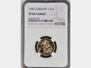 1987 ELIZABETH II PROOF GOLD SOVEREIGN PF69 CAMEO