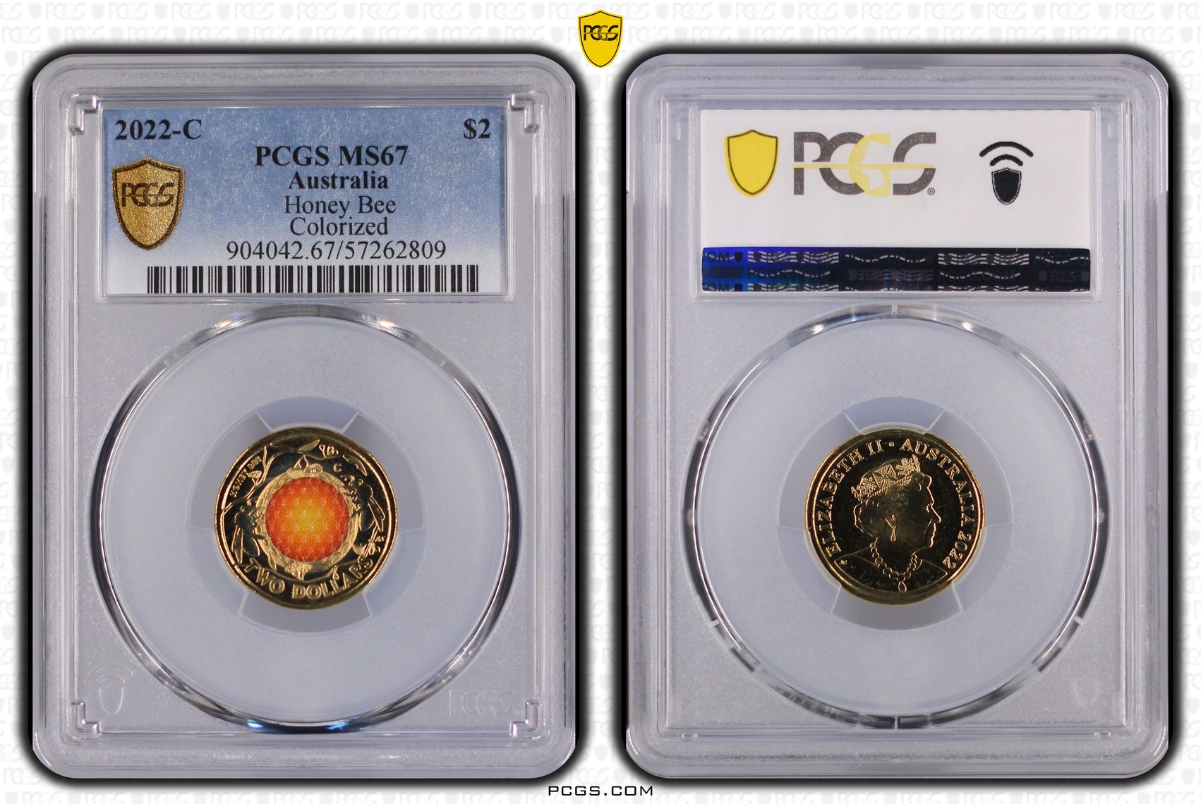 Honey Bee Colourised, Two Dollar, 2022-C, PCGS MS67