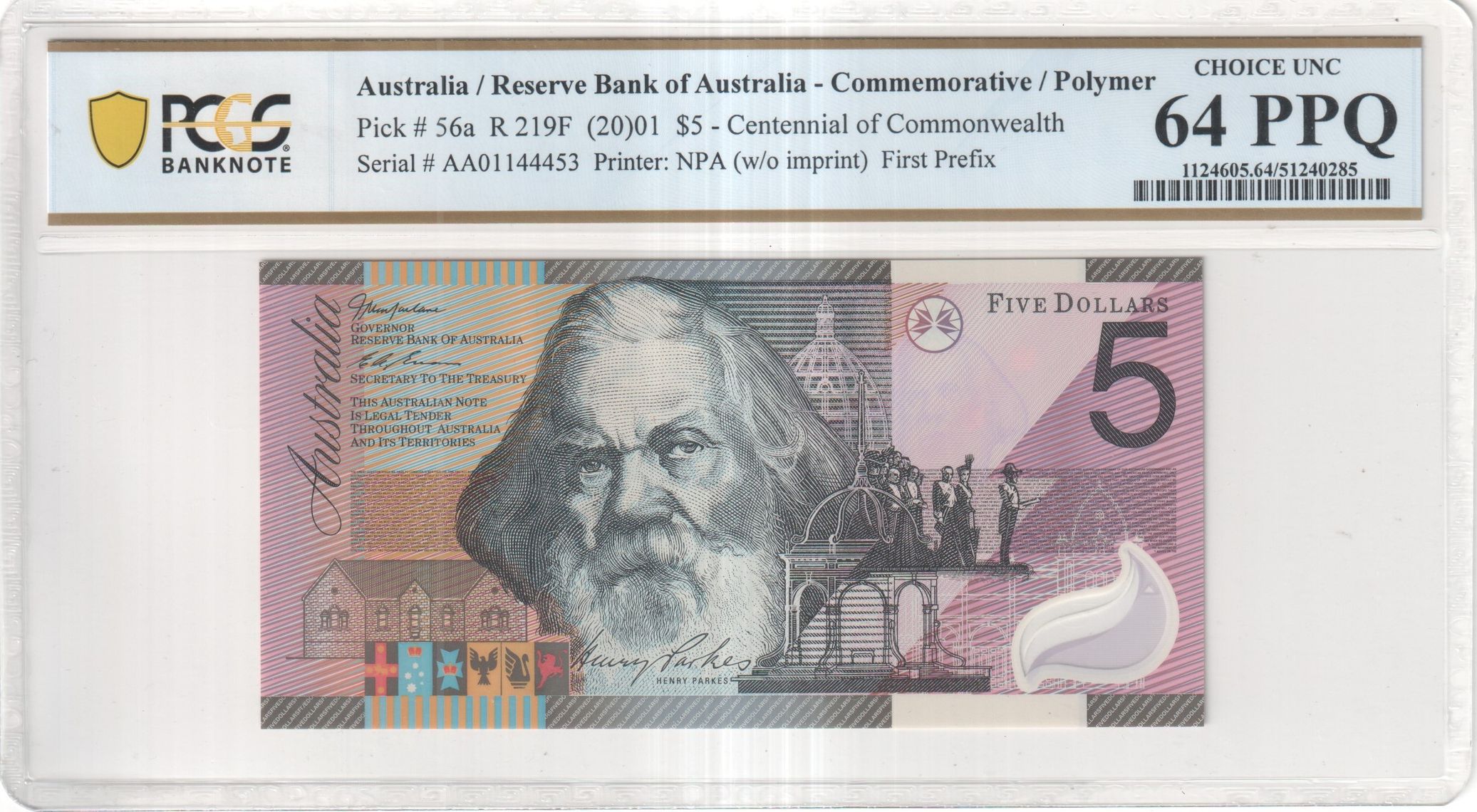 Macfarlane/Evans, Centennial of Commonwealth, First Prefix, Five Dollar, 2001, PCGS Choice UNC 64 PPQ