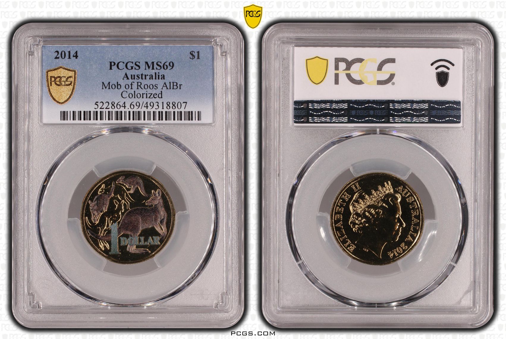 Mob of Roos AlBr Colourised, One Dollar, 2014, PCGS MS69