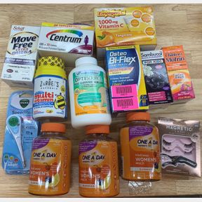 MIXED SUPPLEMENTS LOT, VICKS THERMOMETER & MAGNETIC EYELASHES