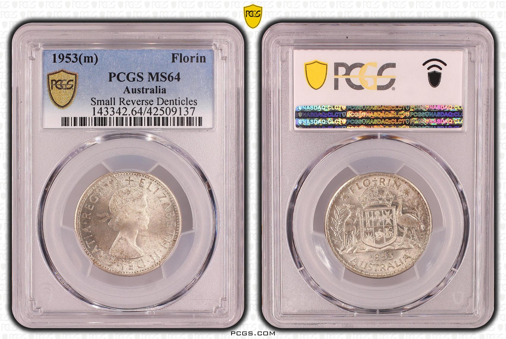 Elizabeth II, Small Reverse Denticles, Florin, 1953(m), PCGS MS64