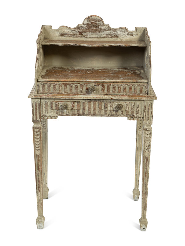 ALouis XVI Style Carved and White-Painted Bedside Table
Height 22 3/4 x width 19 1/2 x depth 12 inches.