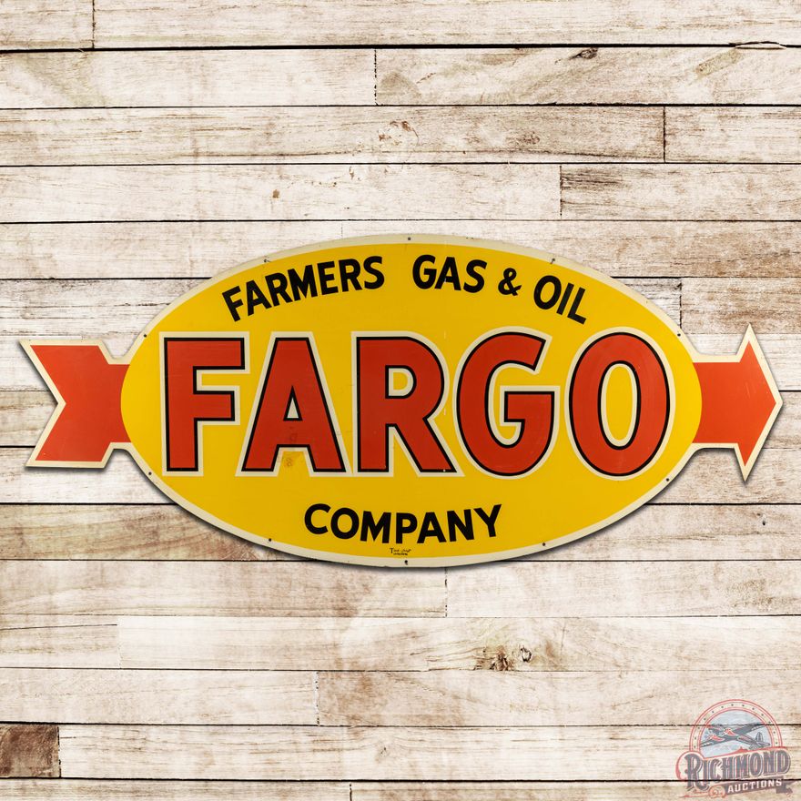 Fargo Farmers Gas & Oil Company Die Cut DS Tin Sign w/ Arrow