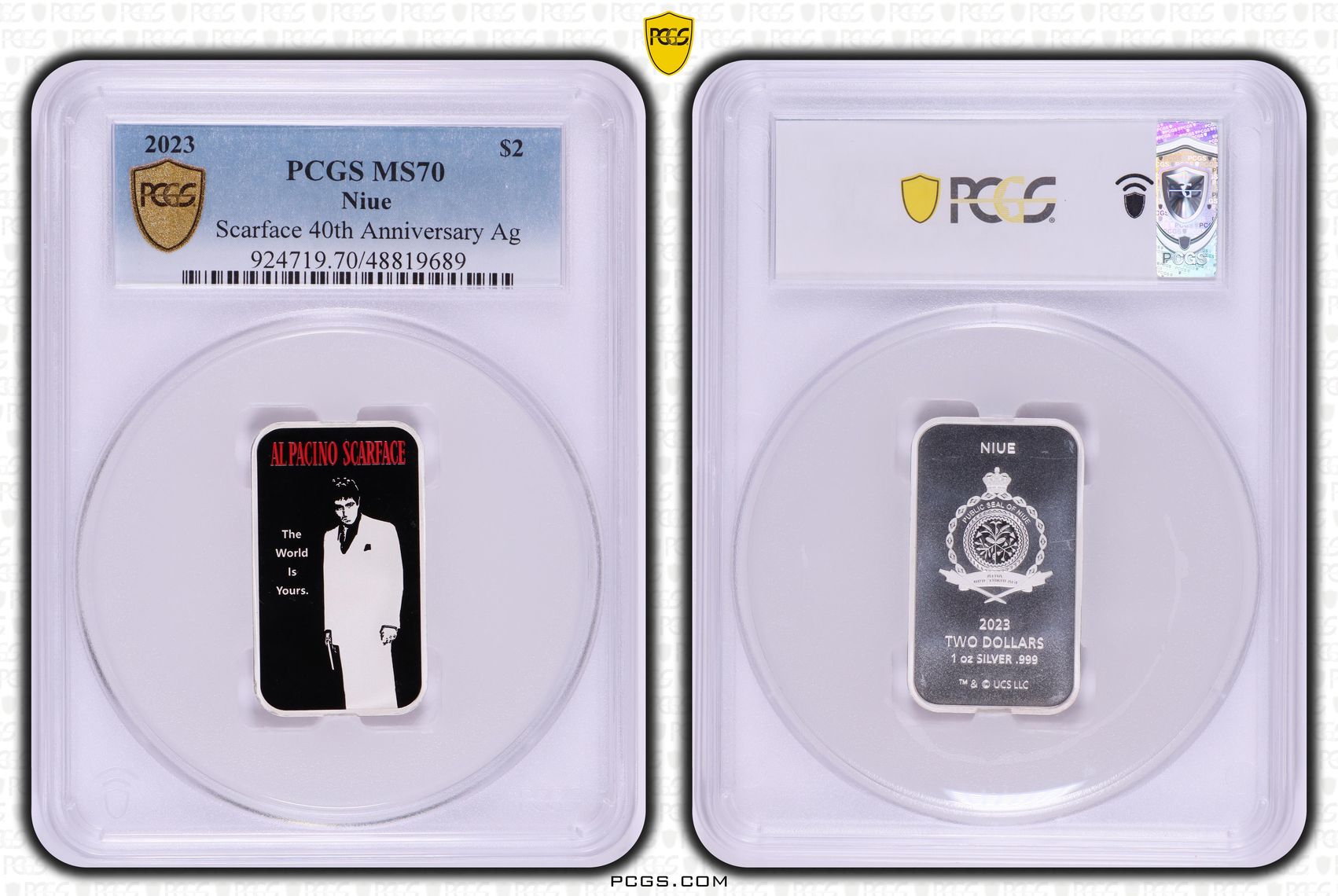 Niue, Scarface 40th Anniversary Ag, POP 6/0, Two Dollar, 2023, PCGS MS70