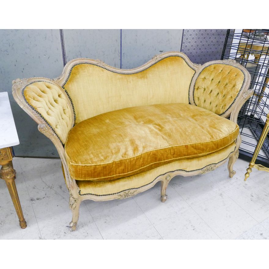 French Carved Frame Tufted Back Gold Velvet Settee- 32x63x26''