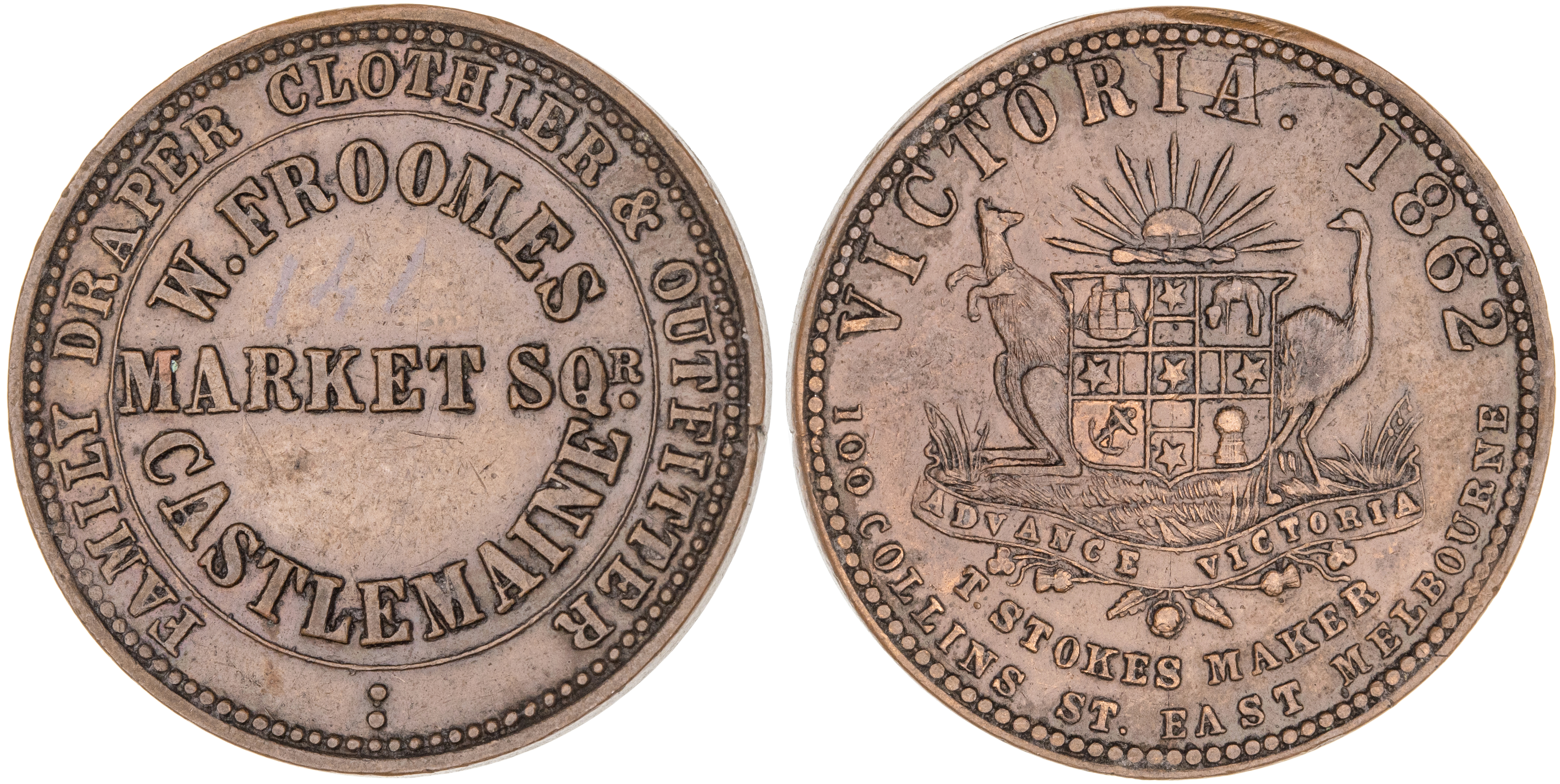 Castlemaine, Victoria, W. Froomes, Penny, 1862, EF