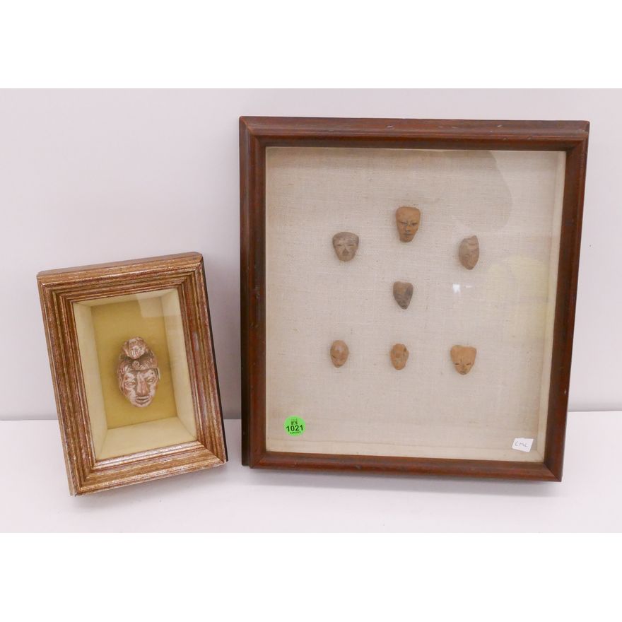 2pc Framed Pre Columbian Head Fragments- largest 12x11''