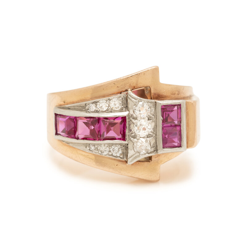 RETRO, ROSE GOLD, PLATINUM, DIAMOND, AND SYNTHETIC RUBY RING