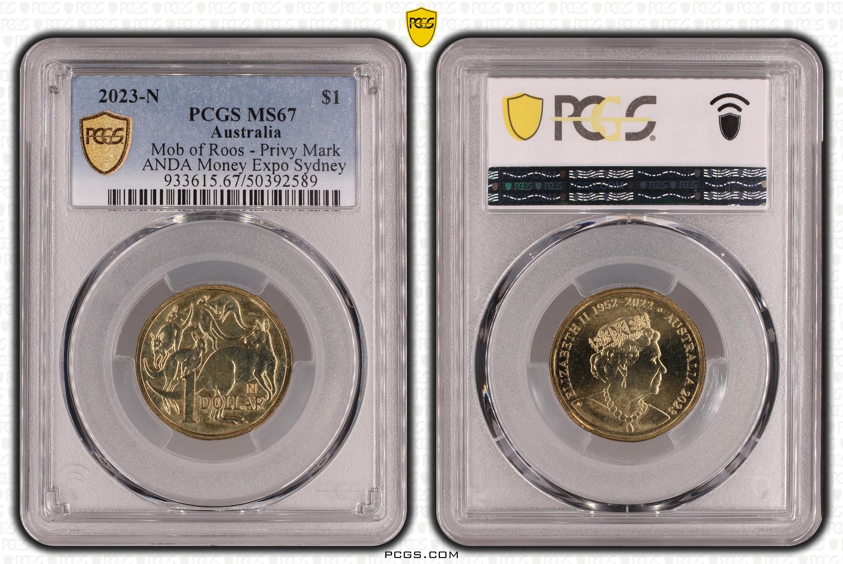 308 · Elizabeth II, Mob of Roos - Privy Mark - ANDA Money Expo Sydney , One Dollar, 2023-N, PCGS MS67