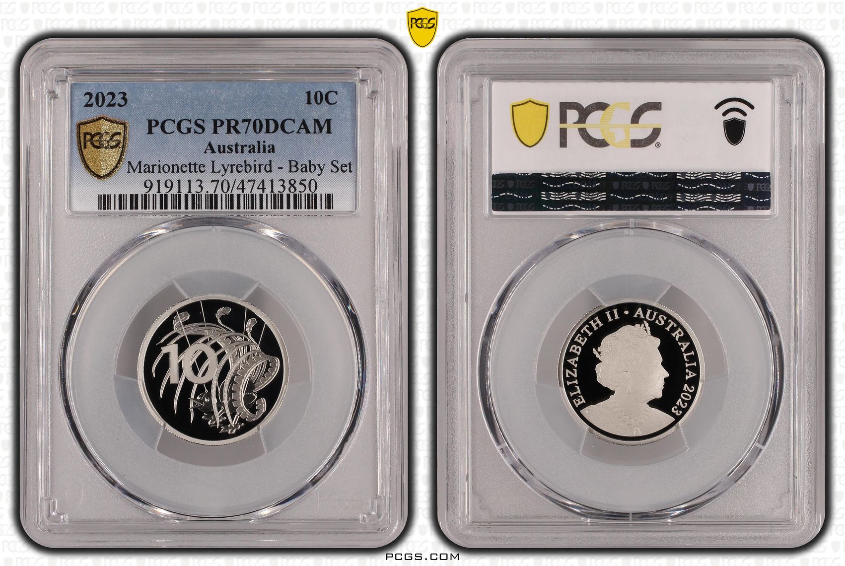 Elizabeth II, Marionette Lyrebird - Baby Set, Ten Cent, 2023, PCGS PR70DCAM