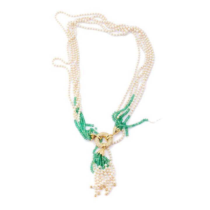 18ct Gold Six Strand Pearl & Emerald Necklace ,