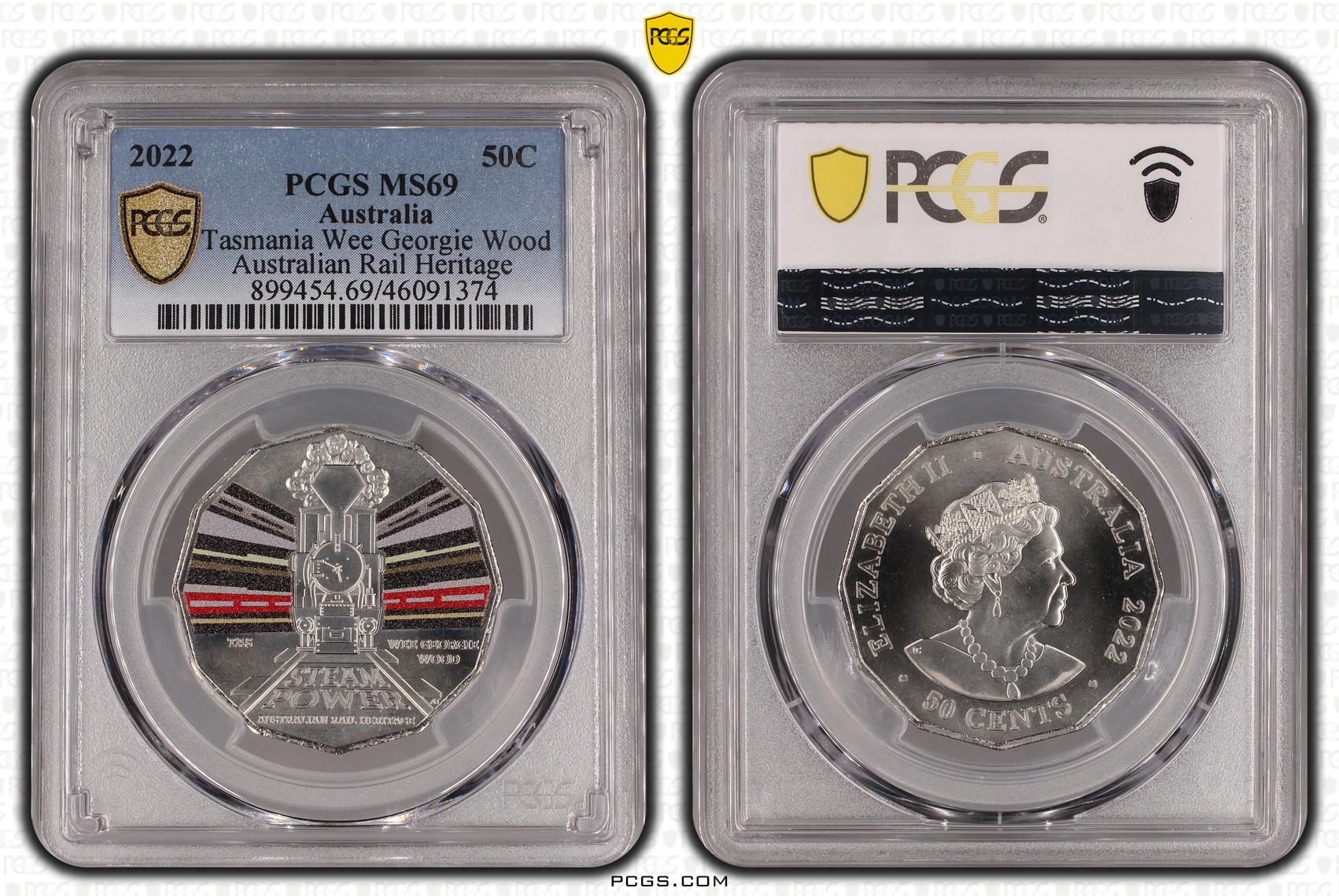 Tasmania Wee Georgie Wood Rail Heritage Colourised, Fifty Cent, 2022, PCGS MS69