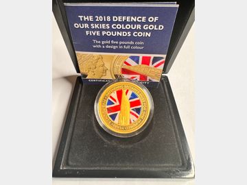 2018 T.D.C GOLD PROOF 5 POUND 'DEFENCE OF OUR SKIES' COLOUR UNION JACK