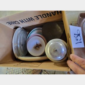 Misc. plates and vintage Barber sterilizing container