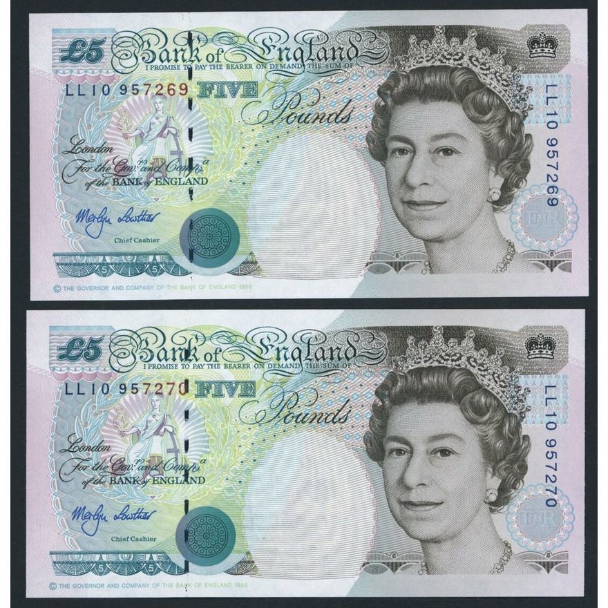 Bank of England, M. V. Lowther, [2 notes] £5, ND (1999), consecutive ...