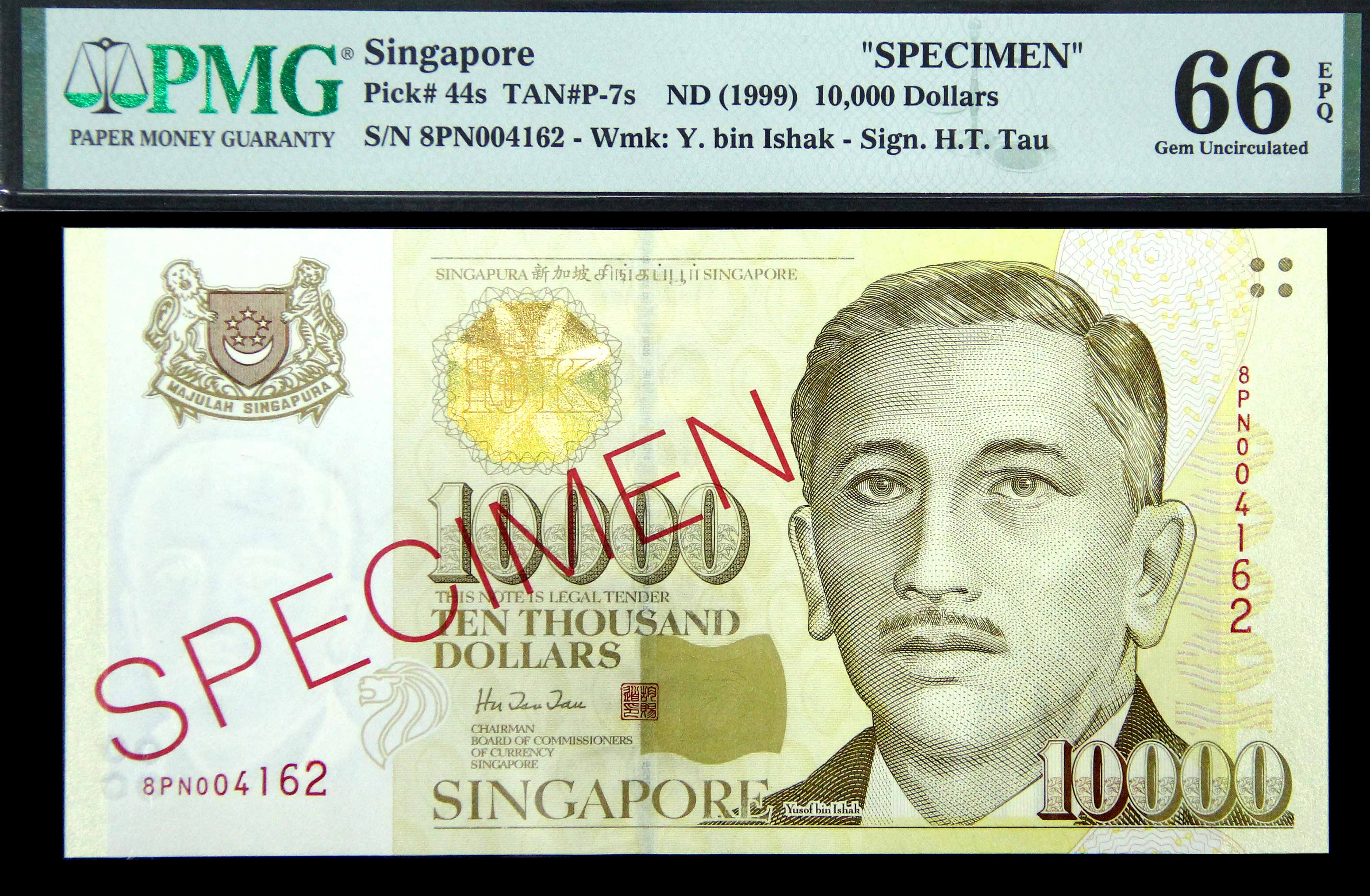 PMG鑑定済　０ユーロ Singapore, 1999, 10000 Dollars, P-44s, S/N. 8PN004162