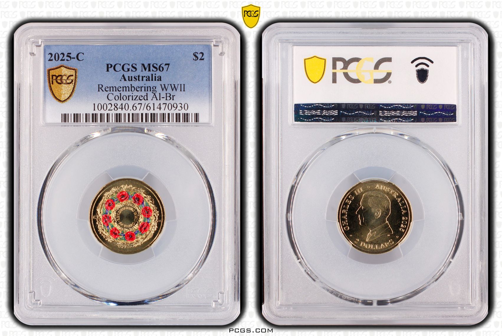 Remembering WWII Colourised AlBr, Two Dollar, 2025-C, PCGS MS67