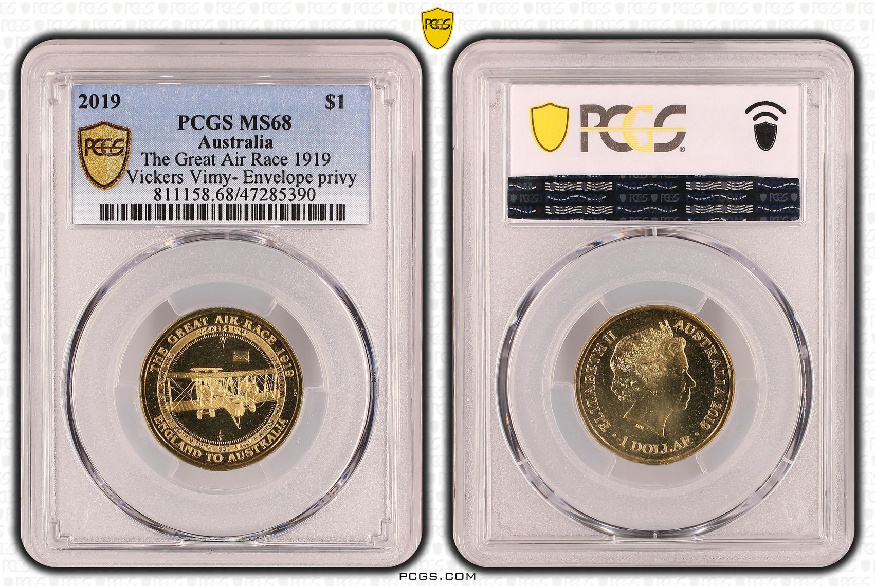Elizabeth II, The Great Air Race 1919 Vickers Vimy- Envelope privy, One Dollar, 2019, PCGS MS68