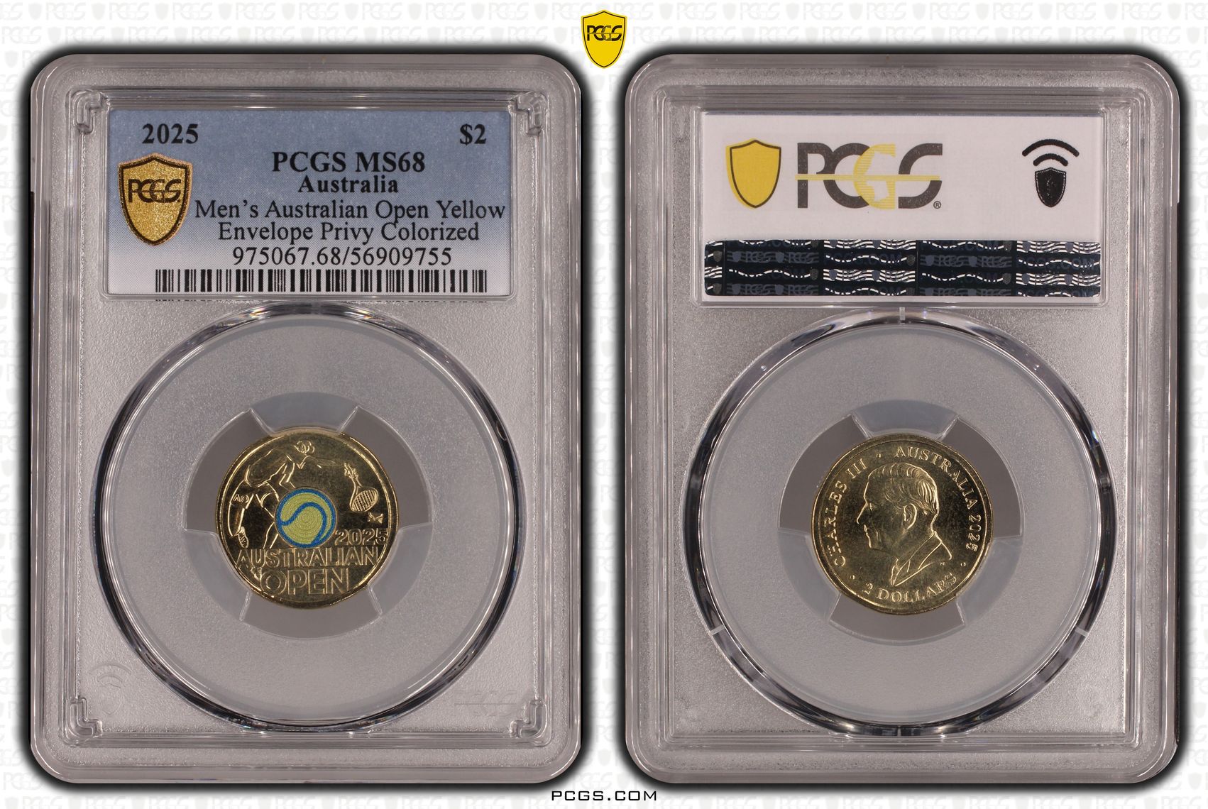 Men's Australian Open Yellow Envelope Privy Colourised, Two Dollar, 2025, PCGS MS68